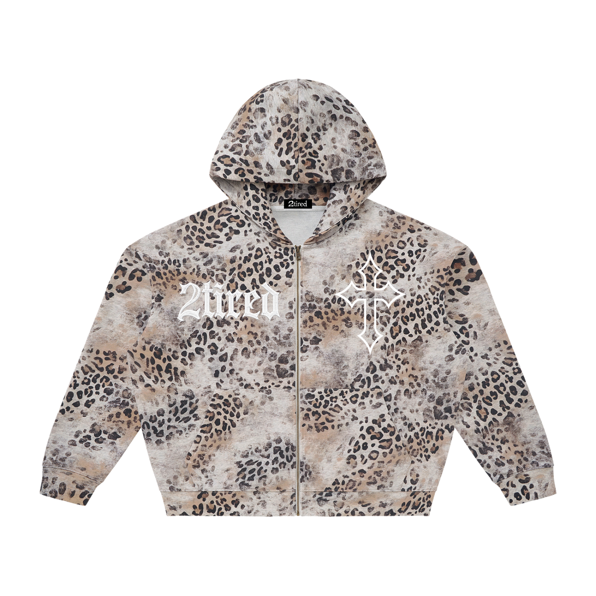 2TIRED Unisex Vintage Wash Leopard Full Zip Hoodie